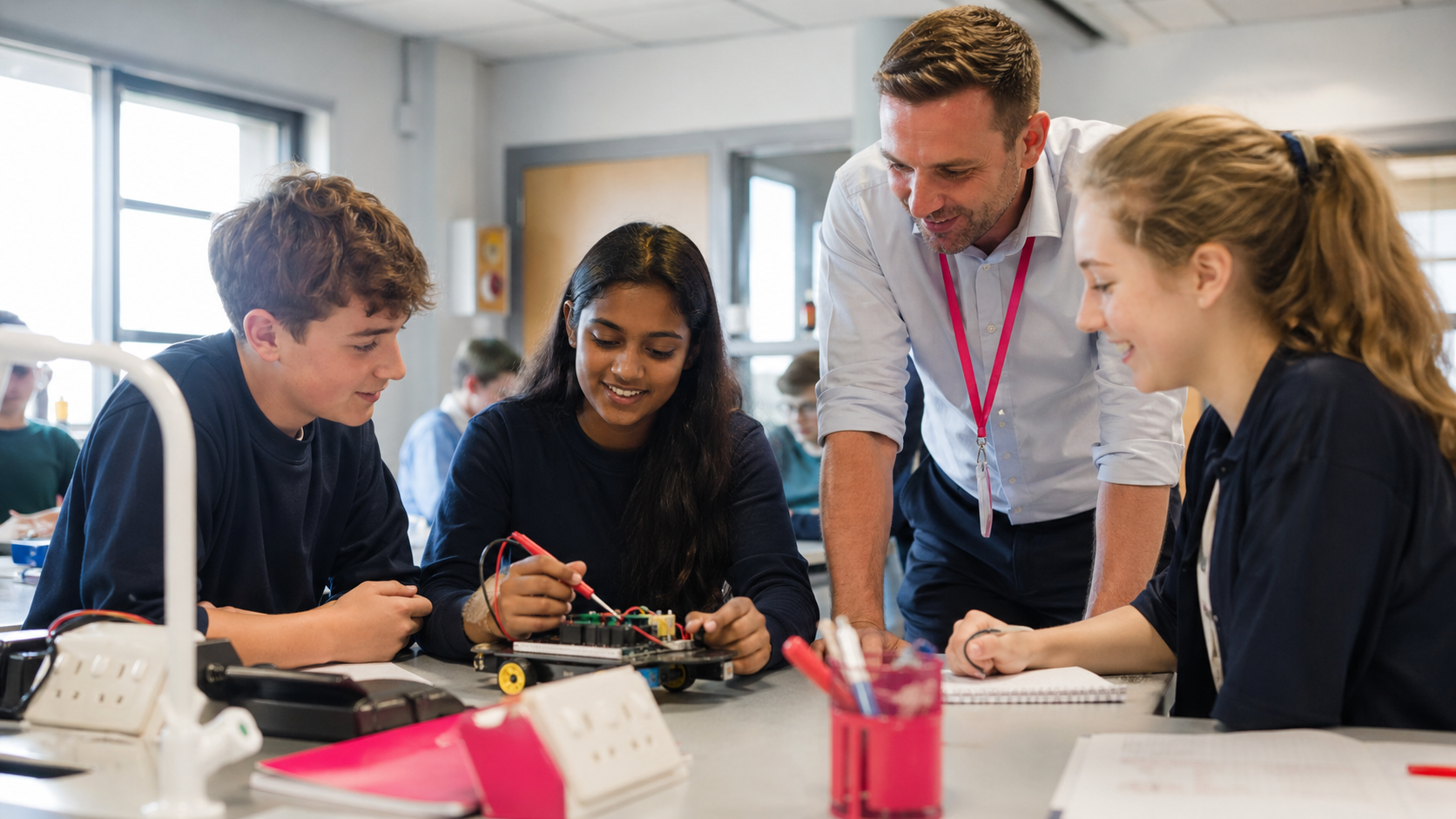 Students collaborating on a robotics learning activity